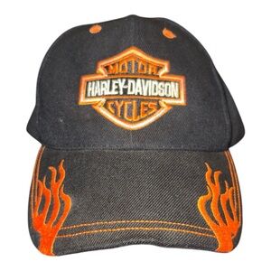 Harley Davidson Motorcycles Black logo hat with orange flames. Not Sized A 4